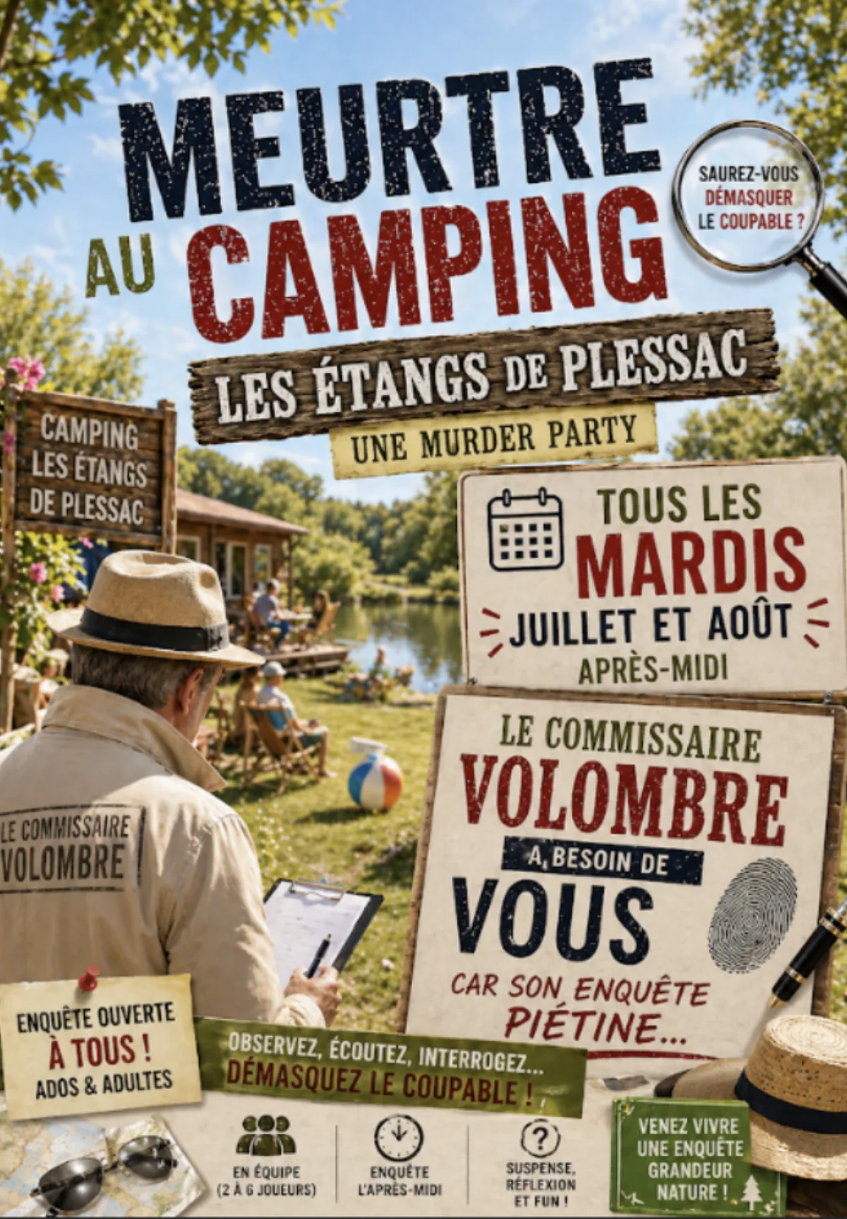 Affiche de la Murder Party Meurtre au camping Les Étangs de Plessac — Tous les mardis juillet et août, après-midi