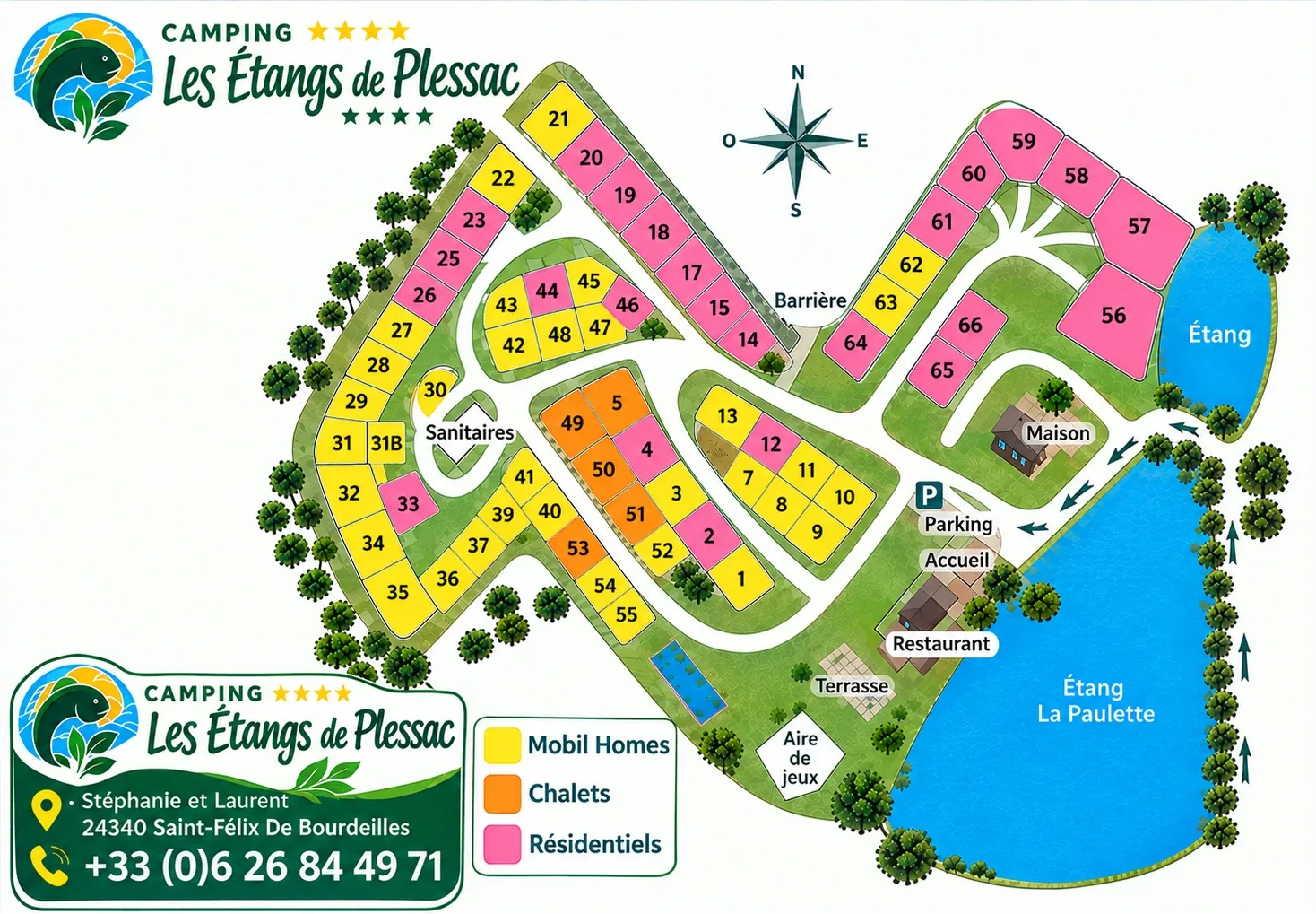 Site map of Camping Les Étangs de Plessac: mobile home and chalet pitches, washrooms, pool, fishing ponds