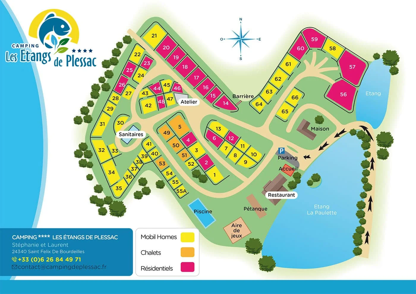 Plan du camping Les Étangs de Plessac : emplacements mobil-homes, chalets, sanitaires, piscine, étangs de pêche